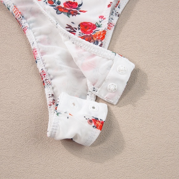 White Floral‎ V Cut Frilled Trim Spaghetti Straps Bodysuit - Picture 9 of 12